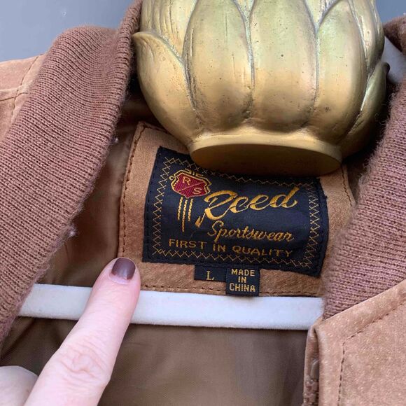 Vintage Reed Sportswear Camel Suede Bomber Jacket Vintage Ribbed Cuffs Hem Large - Picture 4 of 7